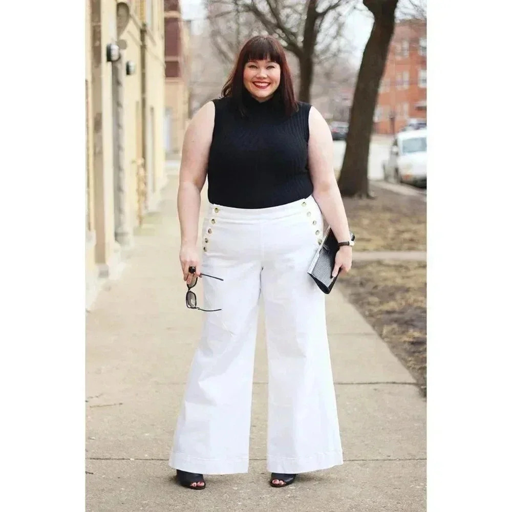 NWT Lane Bryant Flare Wide Leg Sailor Pants High Waist White Size 20